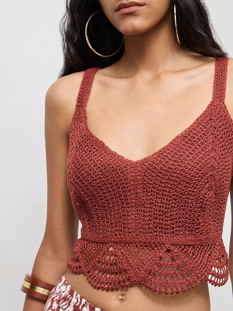 Bombay Paisley Rust Crochet Embroidered Cotton-Blend Top — photo 3