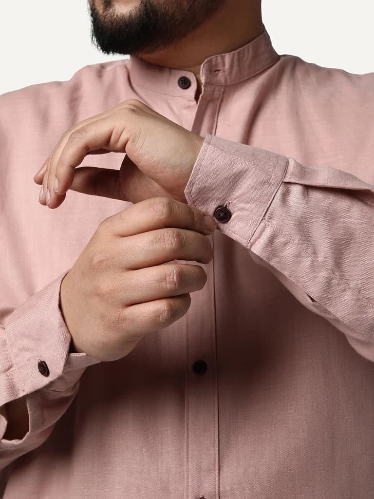 Plus Men's Dusty Pink Linen Blend Full Sleeve Relaxed Fit Mandarin Collar Casual Solid Shirt — photo 5