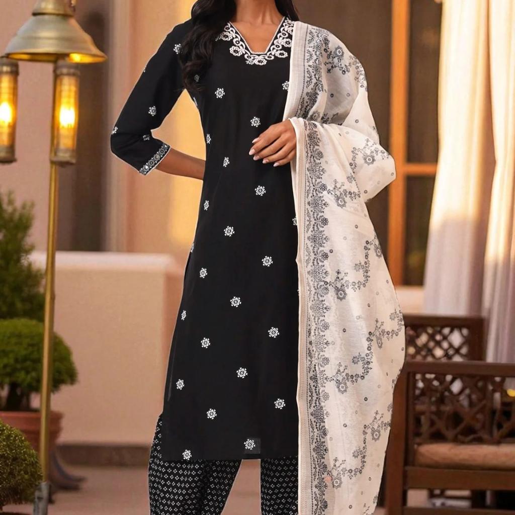 Black Bandhani Printed Pure Cotton Kurta, Pants and Dupatta Set