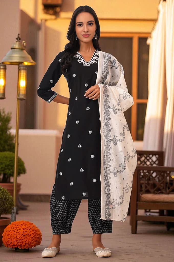 Black Bandhani Printed Pure Cotton Kurta, Pants and Dupatta Set — XS