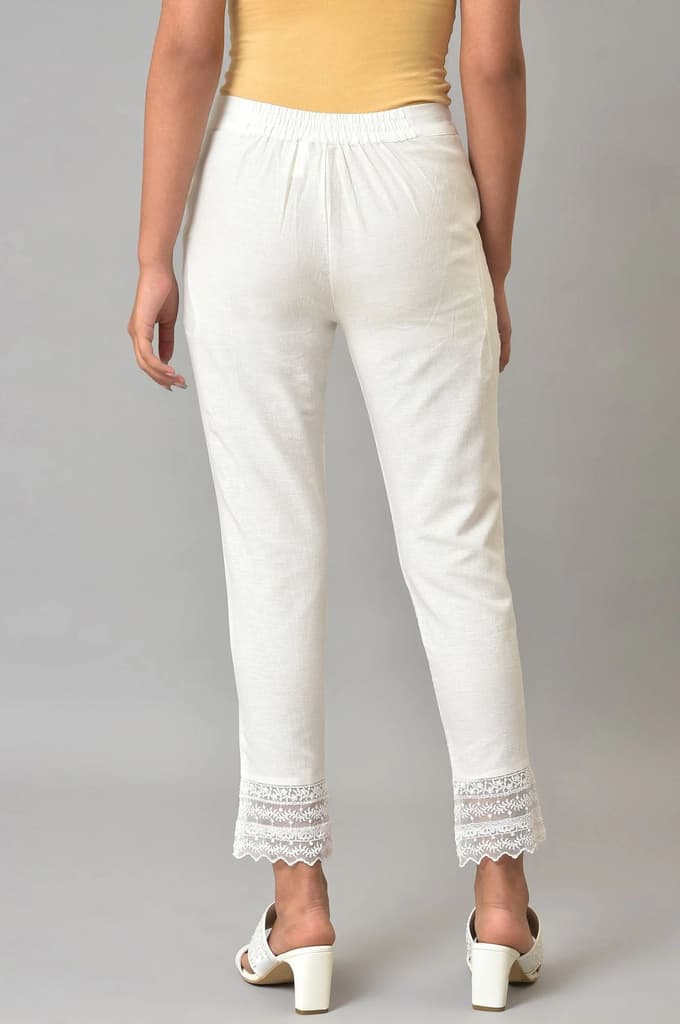 White Solid Cotton Flax Slim Pant with Embellished Hemline — photo 2