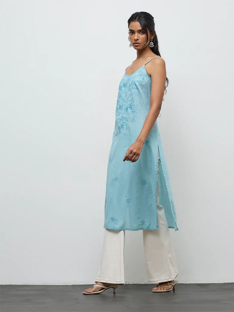 Utsa Turquoise Floral Embroidered A-Line Cotton Kurta — photo 2