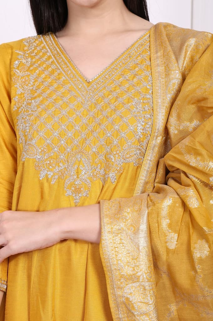 Yellow Embroidered Silk Flared Kurta, Straight Pants and Dupatta Set — photo 3
