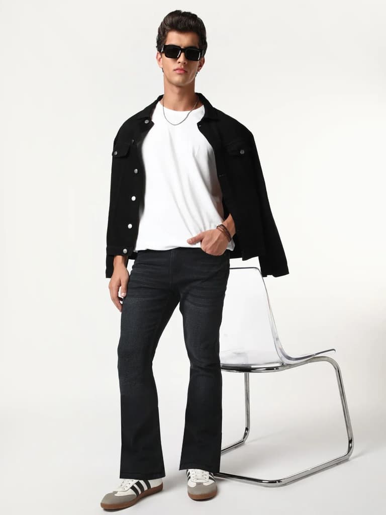 Men's Black Bootcut Fit Mid Rise Heavy Washed Jeans Stretchable — photo 5