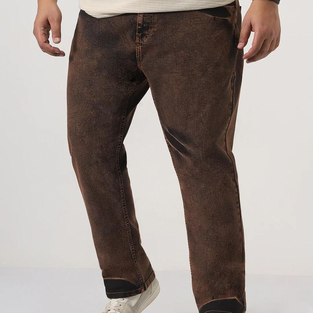 Plus Men's Light Brown Straight Fit Heavy Washed Jeans Stretchable