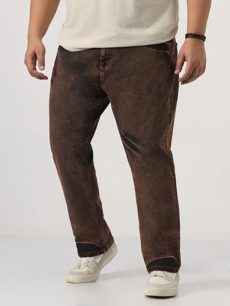 Plus Men's Light Brown Straight Fit Heavy Washed Jeans Stretchable — 36 / Light Brown