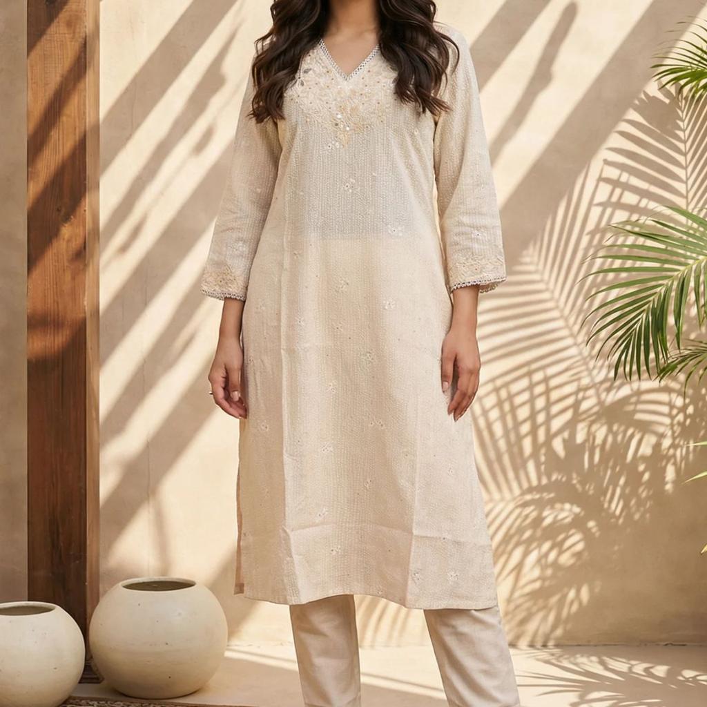 Beige Embroidered Rayon Straight Kurta with Pants Set