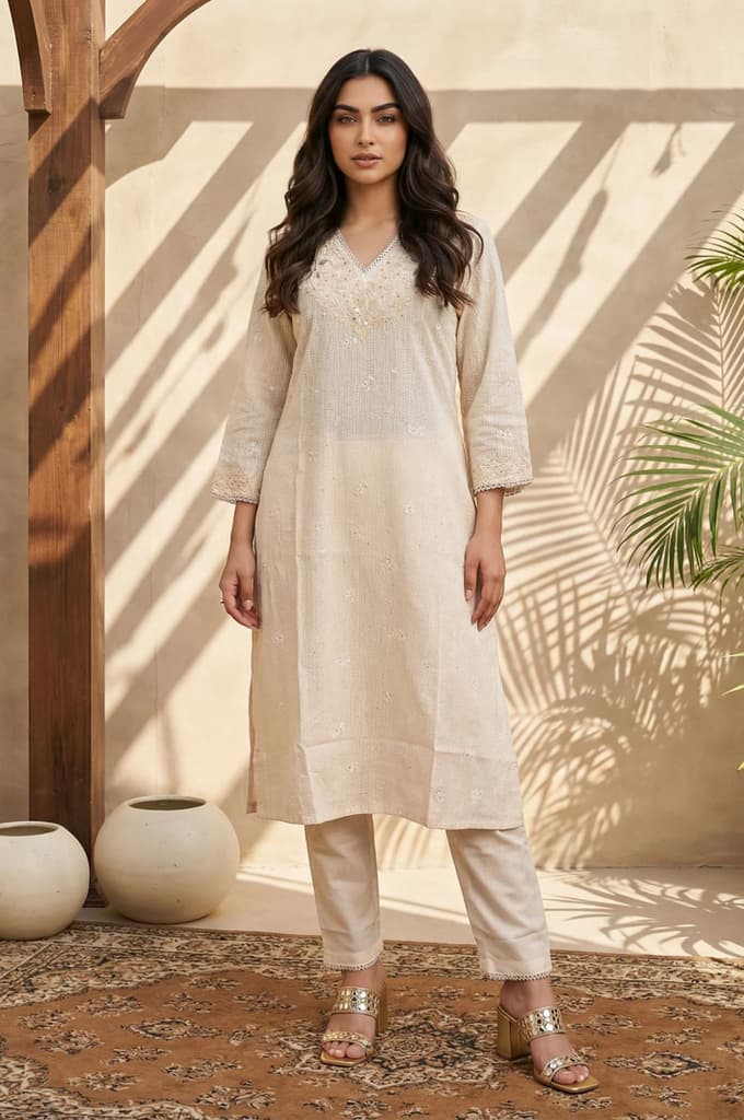 Beige Embroidered Rayon Straight Kurta with Pants Set — XS