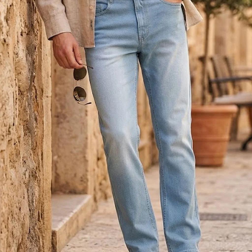 Men's Ice Blue Straight Fit Washed Jeans Stretchable