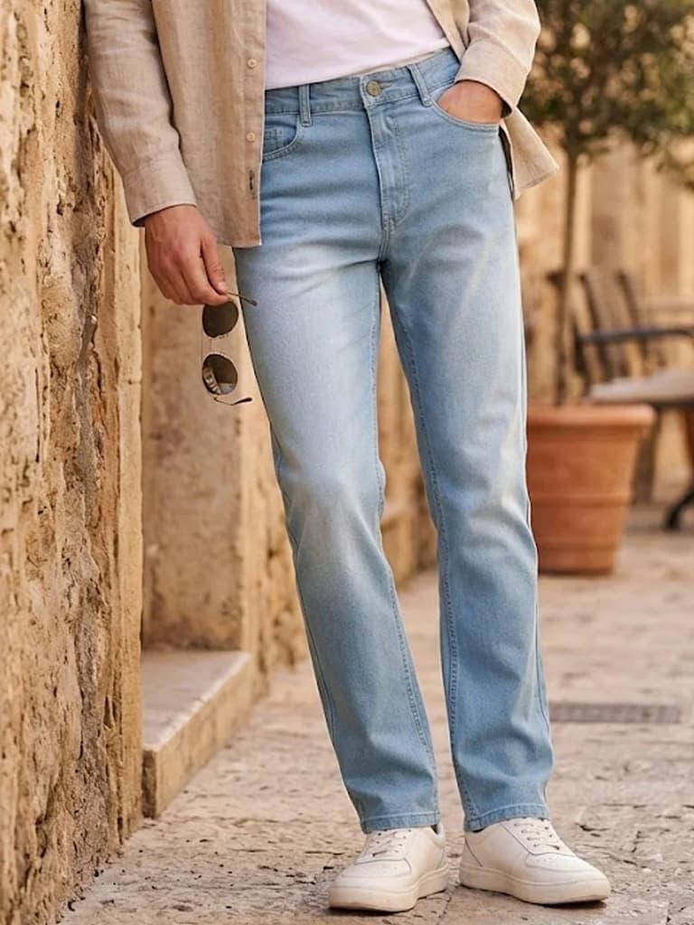 Men's Ice Blue Straight Fit Washed Jeans Stretchable — 28 / Ice Blue