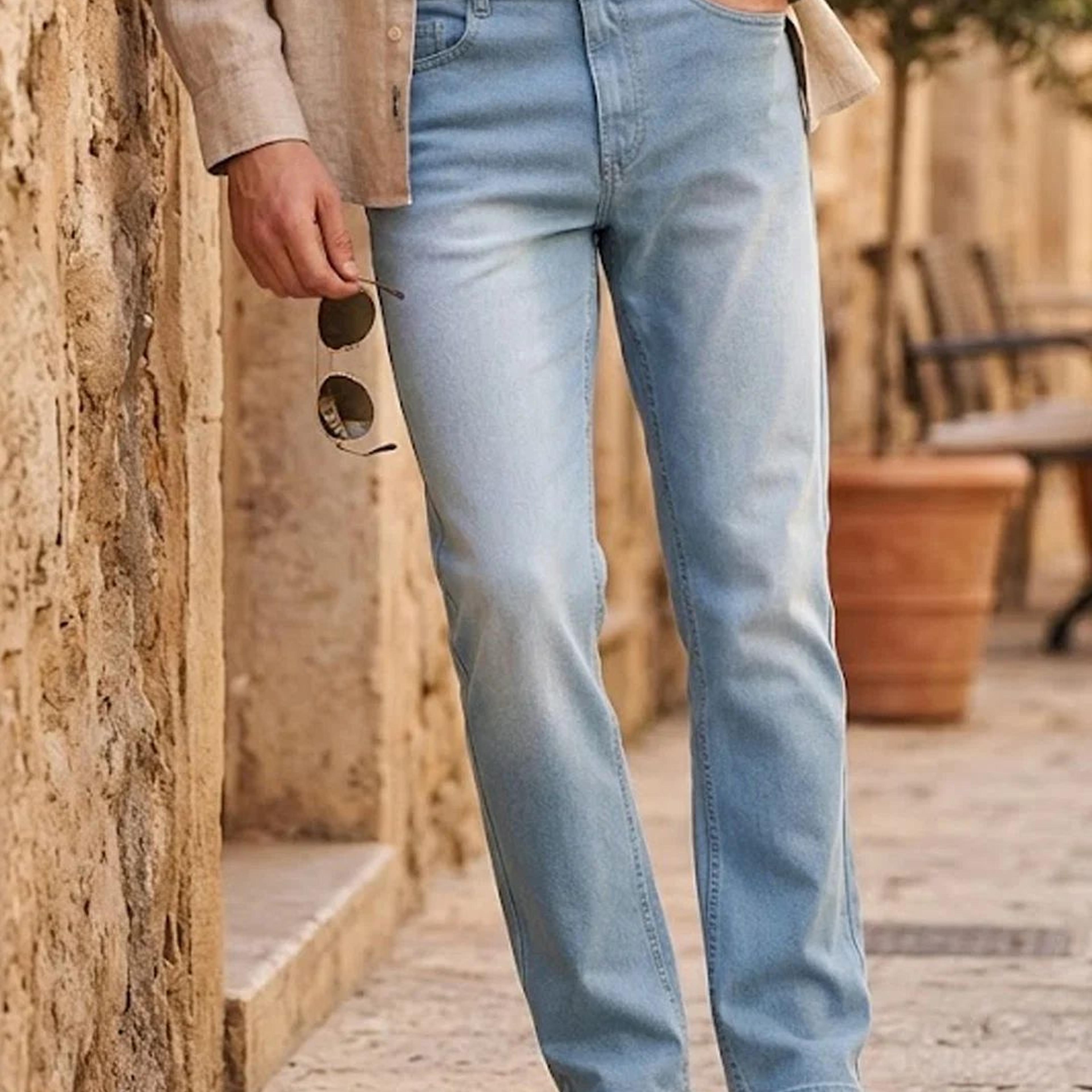 Men's Ice Blue Straight Fit Washed Jeans Stretchable