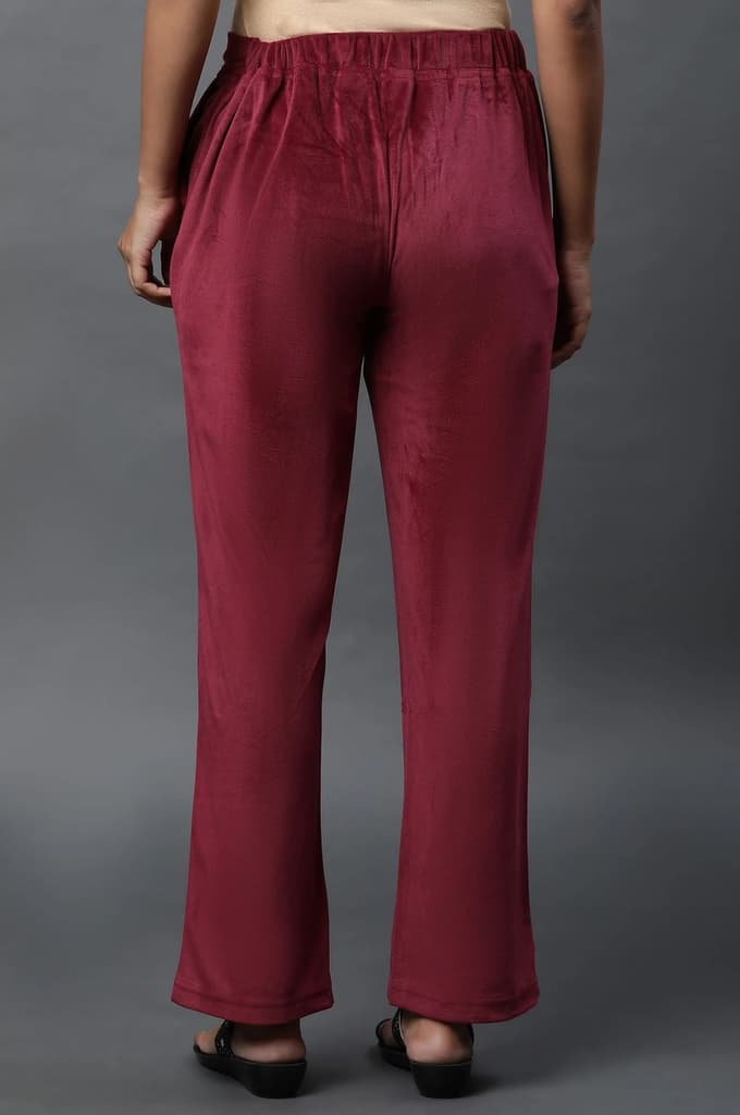 Maroon Solid Straight Fit Velvet Pants With Elasticated Waist — photo 3