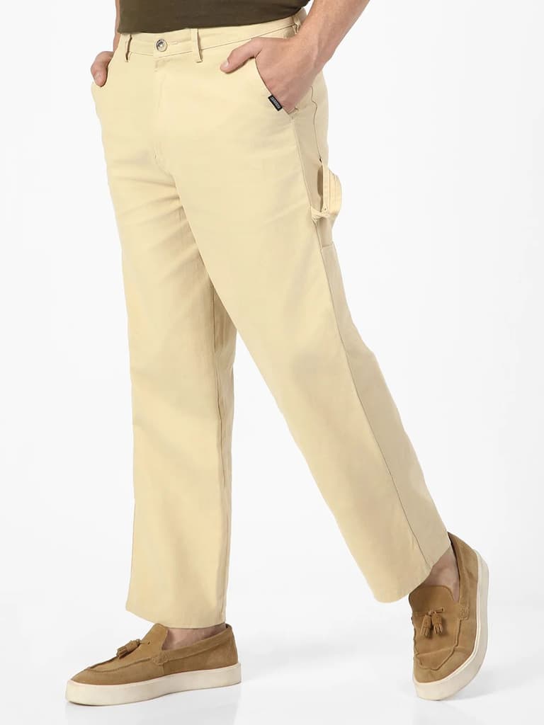 Men's Beige Loose Baggy Fit Solid Carpenter Trouser Pant with 5 Pockets Non-Stretchable — photo 2