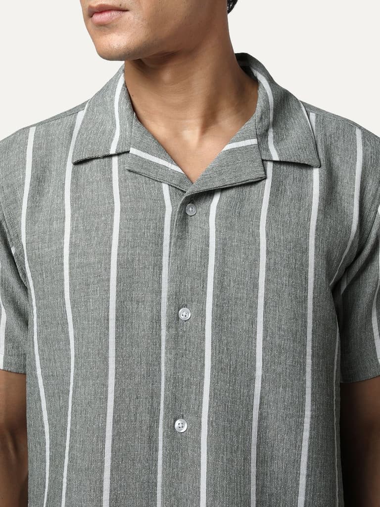 Men's Steel Cotton Half Sleeve Relaxed Fit Linen Striped Shirt with Cuban Collar — photo 6