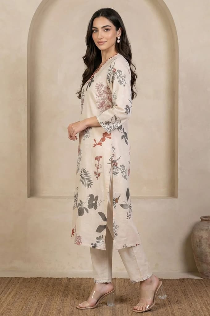Cream Floral Printed Lace Chiffon Straight Kurta — photo 3