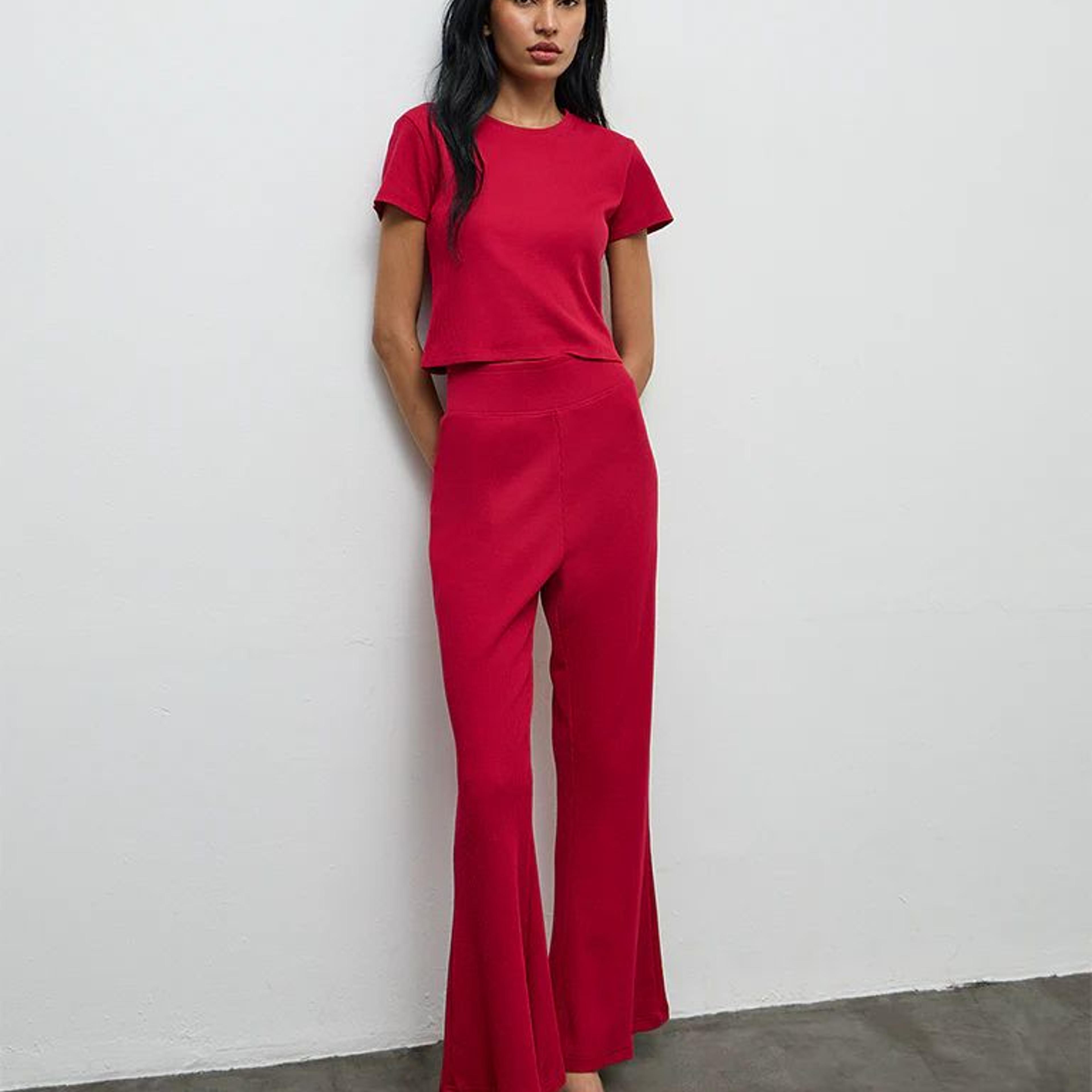 Superstar Red Waffle-Textured High-Rise Pants
