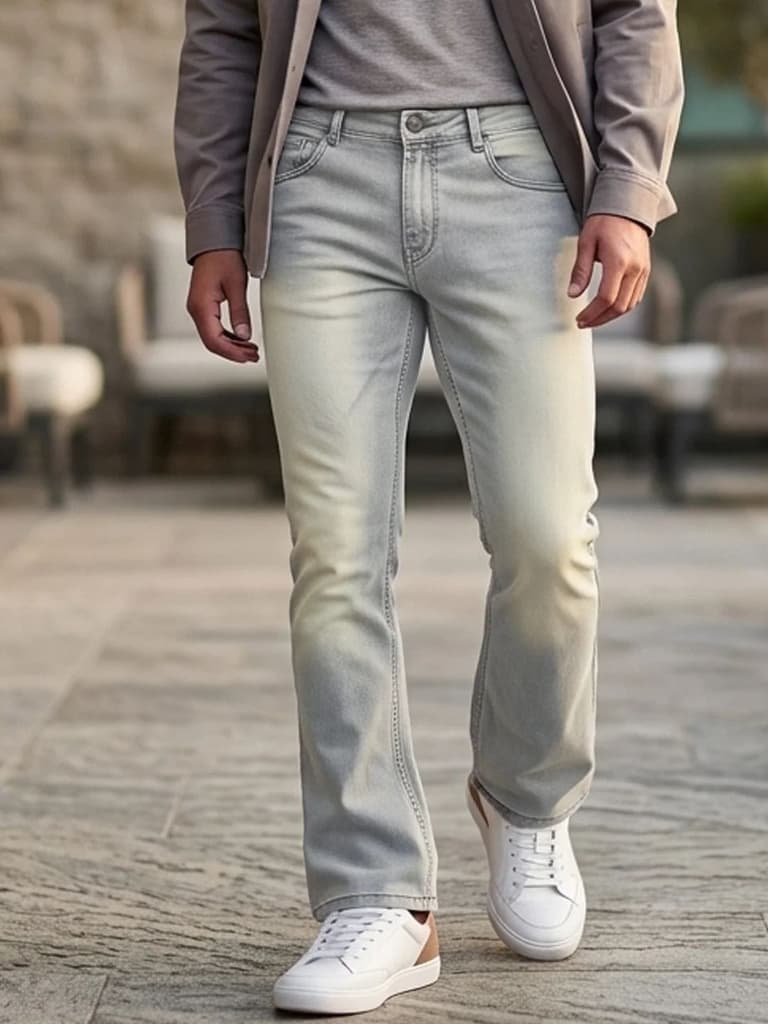 Men's Ice Grey Bootcut Fit Mid Rise Tinted Heavy Washed Jeans Stretchable — 28 / Ice Grey