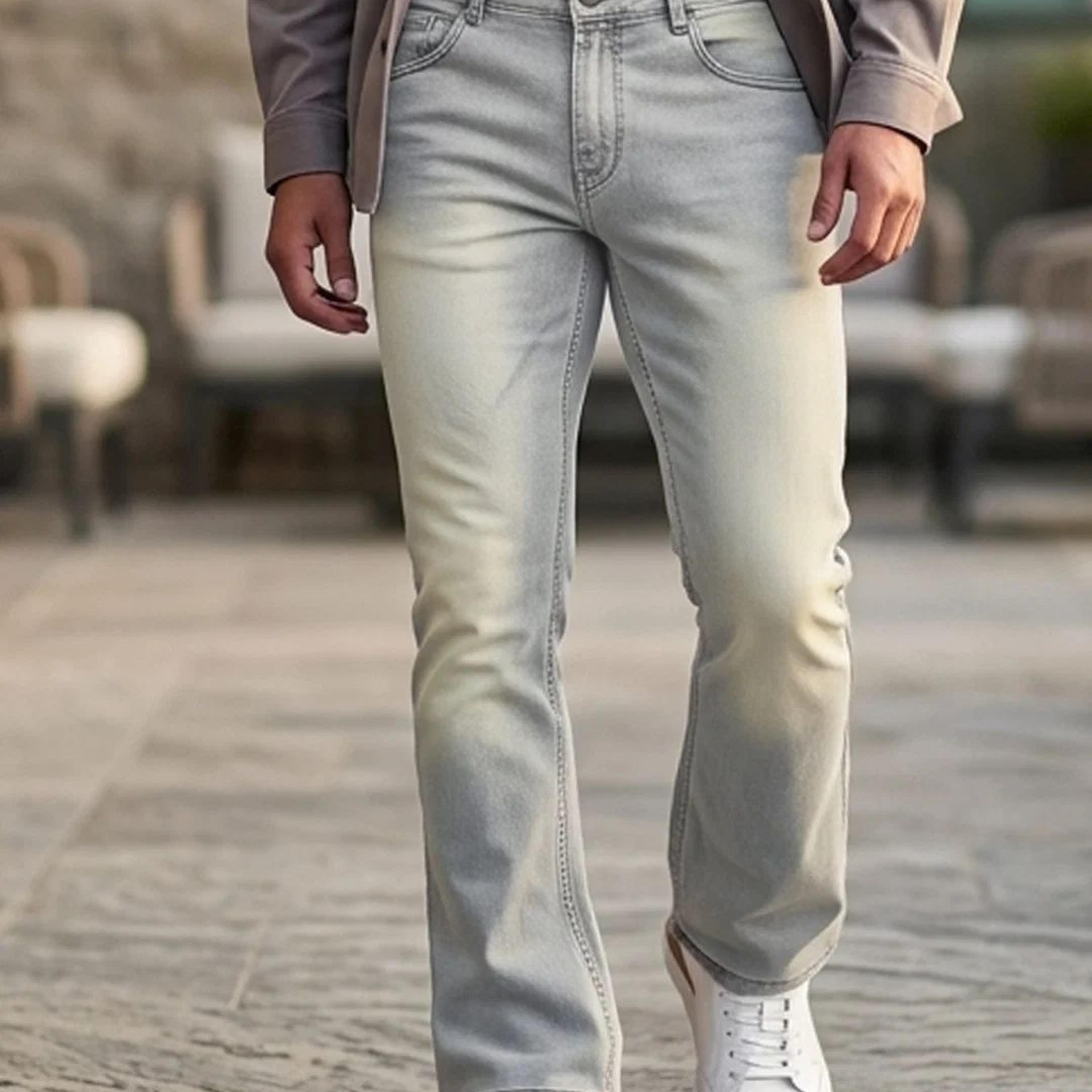 Men's Ice Grey Bootcut Fit Mid Rise Tinted Heavy Washed Jeans Stretchable