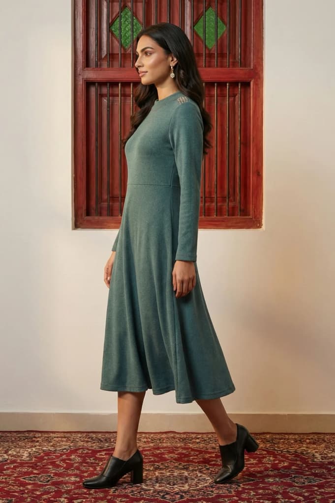 Teal Solid Beadwork Flared Winter Dress — photo 4