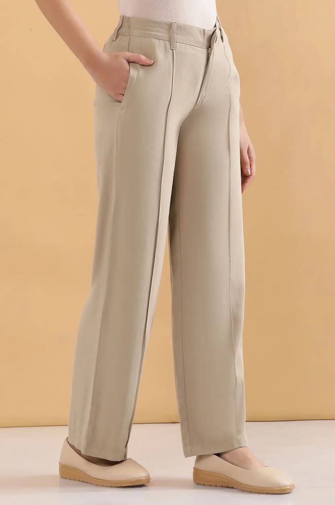 Beige Solid Straight Fit Woven Pants With Pintuck Detail — photo 5
