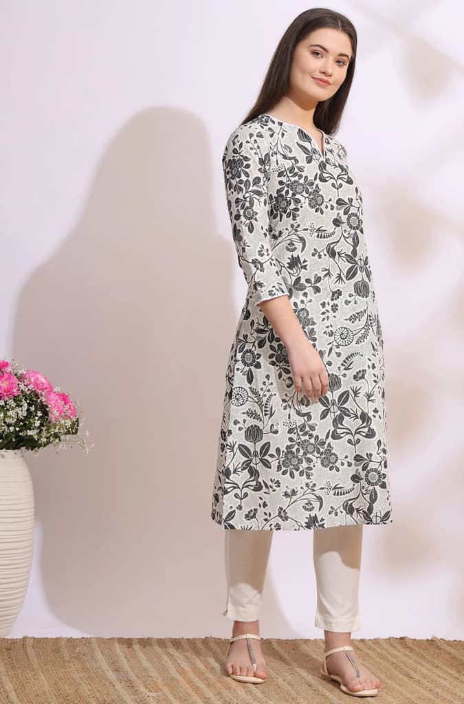 Off-White Bold Floral Printed Cotton Cambric Straight Kurta — photo 6