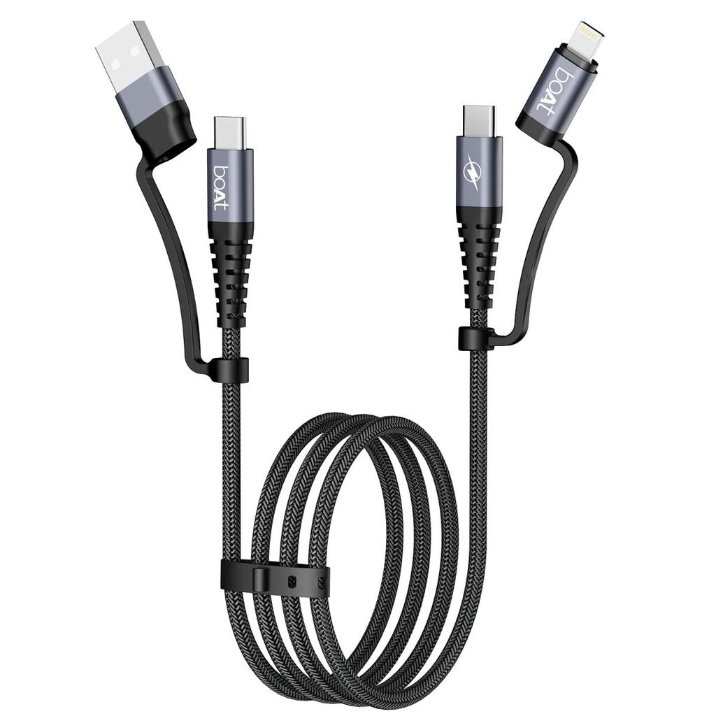 boAt Flexicharge 400 | 4-in-1 Charging Cable with 2 Swappable Heads, 480 Mbps Data Sync, USB-A, Type-C, & Lightning, 1.5m Cable — Carbon Black