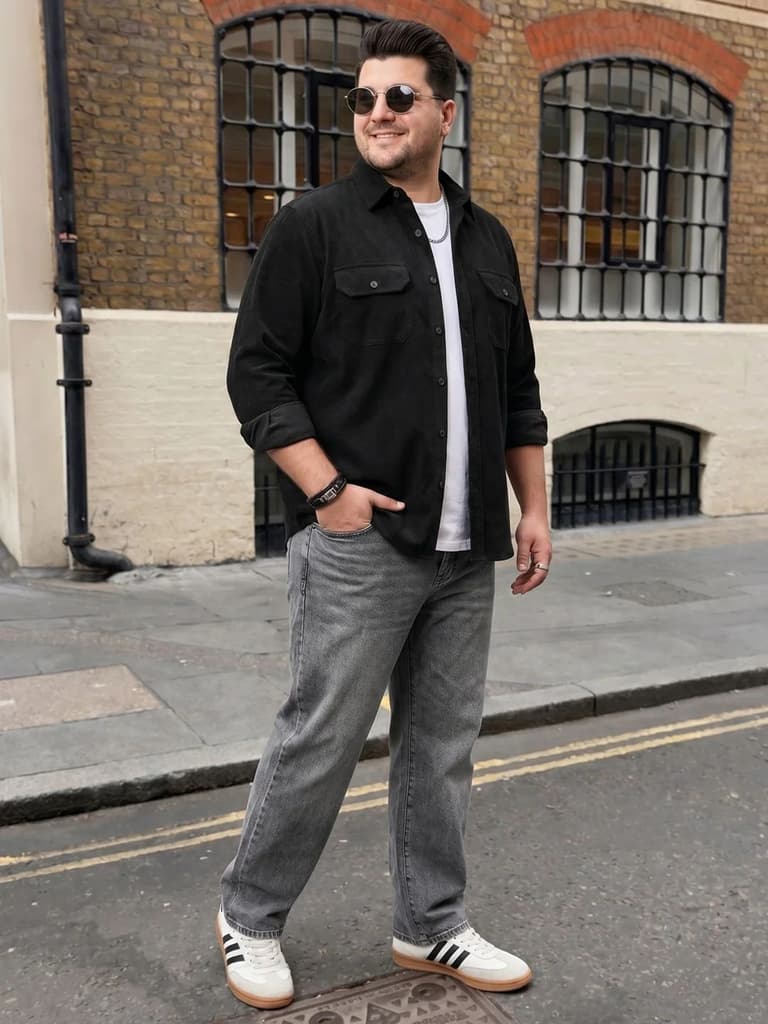 Plus Men's Black Corduroy Full Sleeve Regular Fit Solid Overshirt with Utility Pockets — photo 4