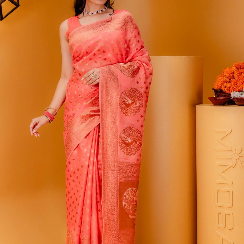 Mimosa Women's Woven Design Banarasi Style Art Silk Saree With Blouse Piece : SA00001808GJFREE