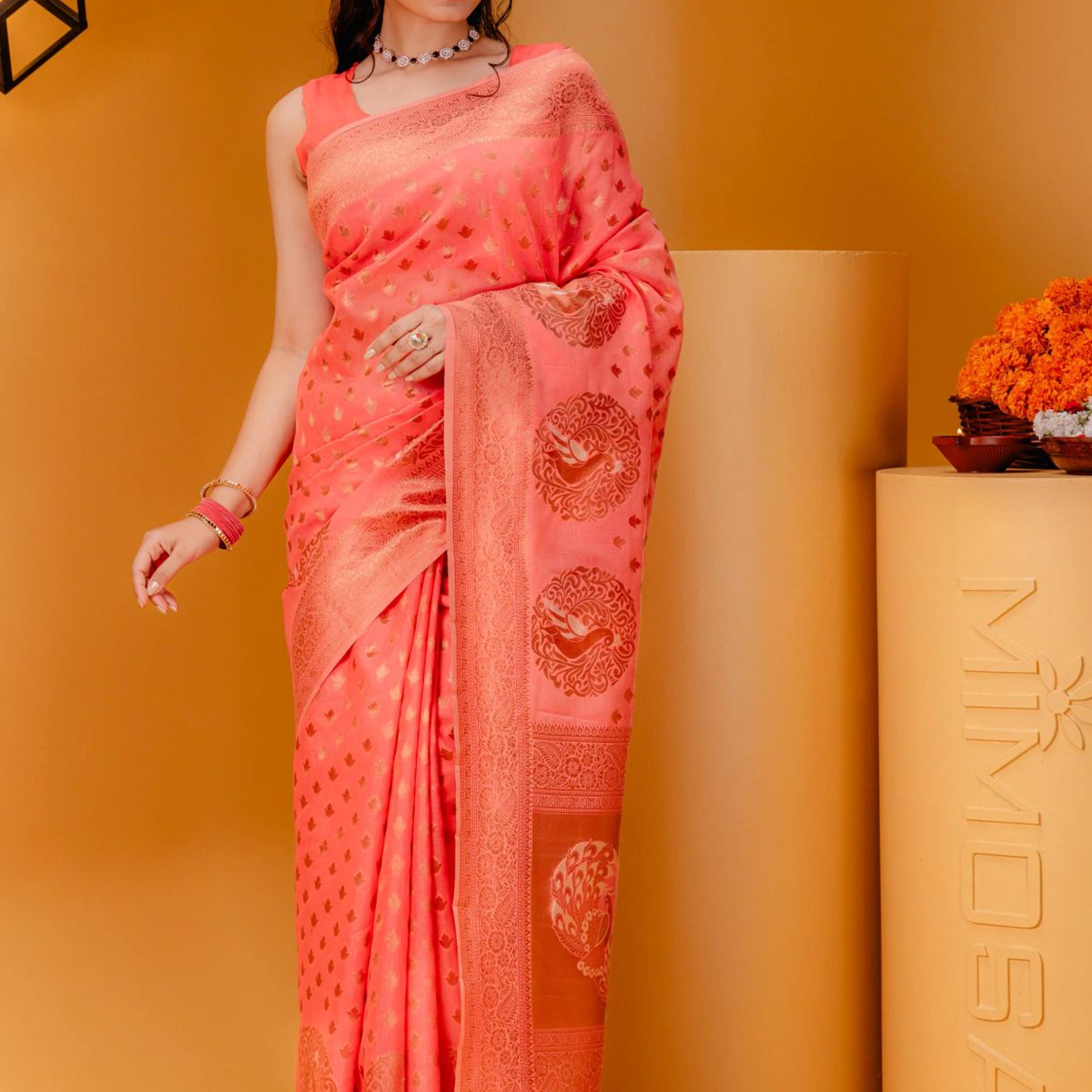 Mimosa Women's Woven Design Banarasi Style Art Silk Saree With Blouse Piece : SA00001808GJFREE