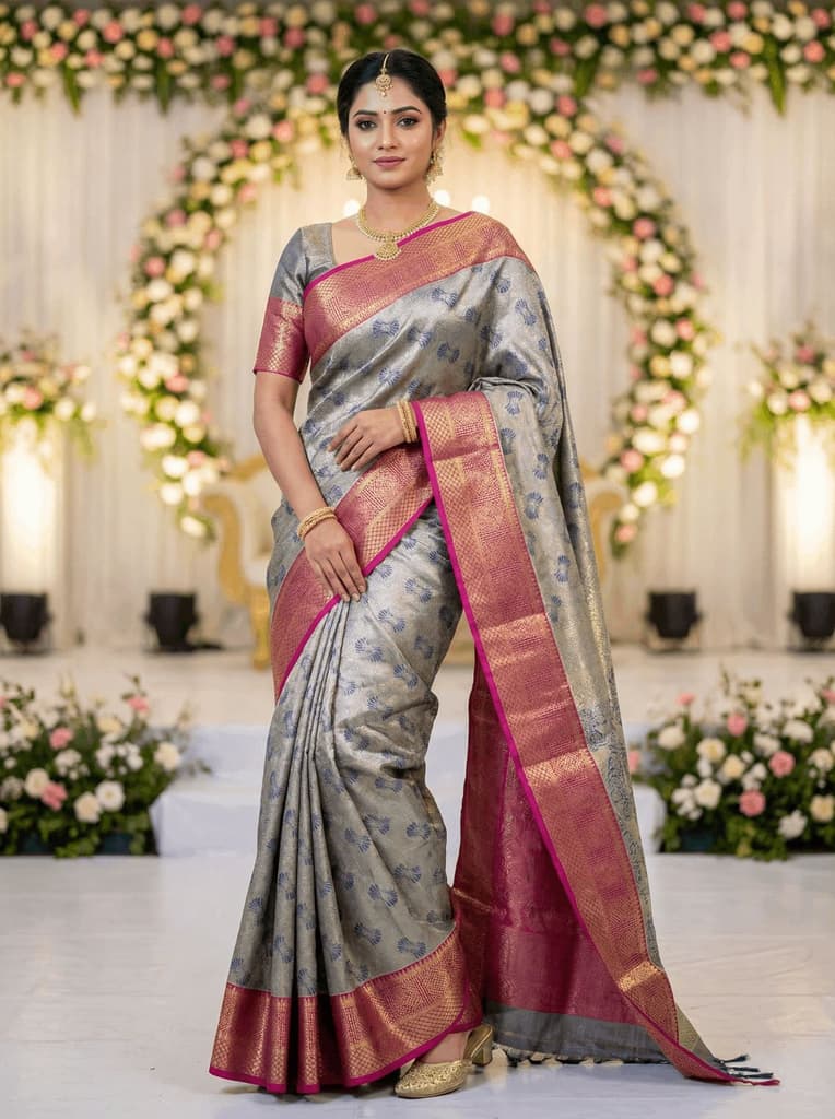 MIMOSA Women's Woven Design Kanjivaram Style Art Silk Saree with Blouse Piece - Navy Blue (SA00002804NVFREE) — photo 3