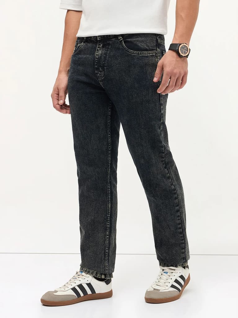 Men's Black Regular Fit Towel Washed Yellow Tint Denim Jeans Stretchable — photo 3
