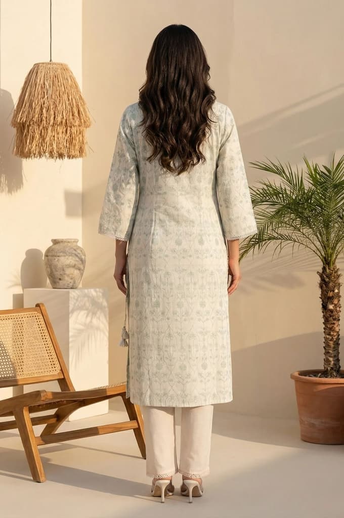 Off White Floral Printed Piping Detail Pure Cotton Straight Kurta — photo 3