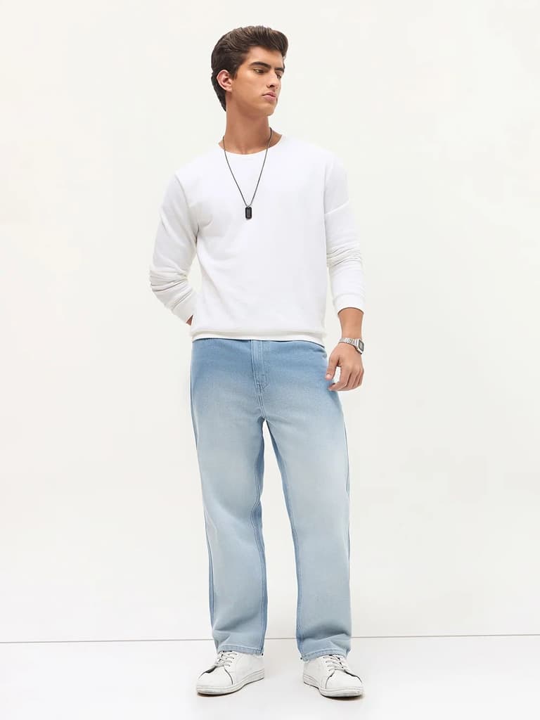 Men's Ice Blue Loose Baggy Fit Heavy Washed Faded Denim Jeans Non-Stretchable — photo 4
