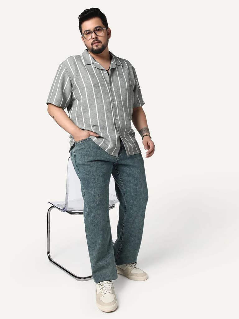 Plus Men's Steel Cotton Half Sleeve Relaxed Fit Linen Striped Shirt with Cuban Collar — photo 4