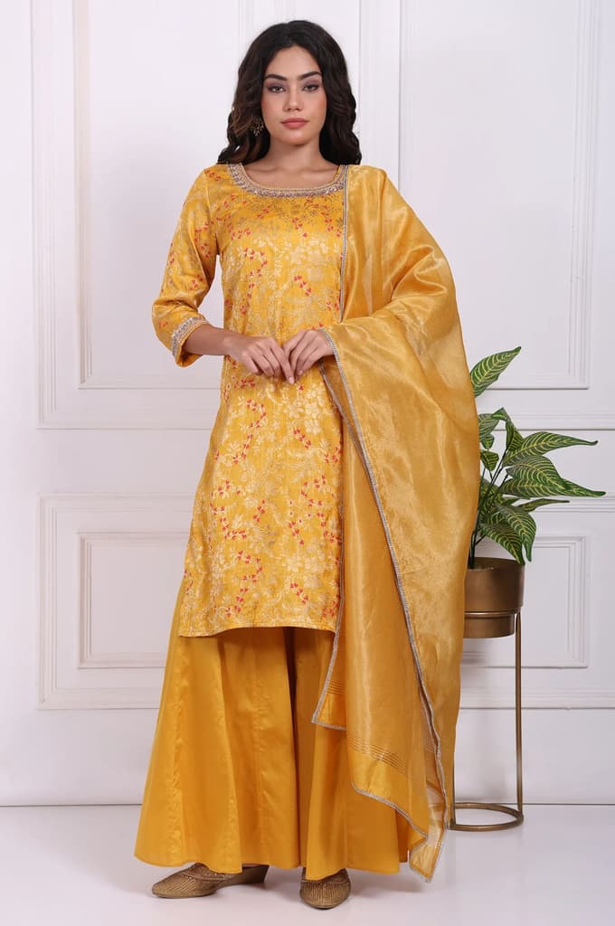Yellow Embroidered Straight Jacquard Kurta with Sharara and Dupatta Set — photo 2