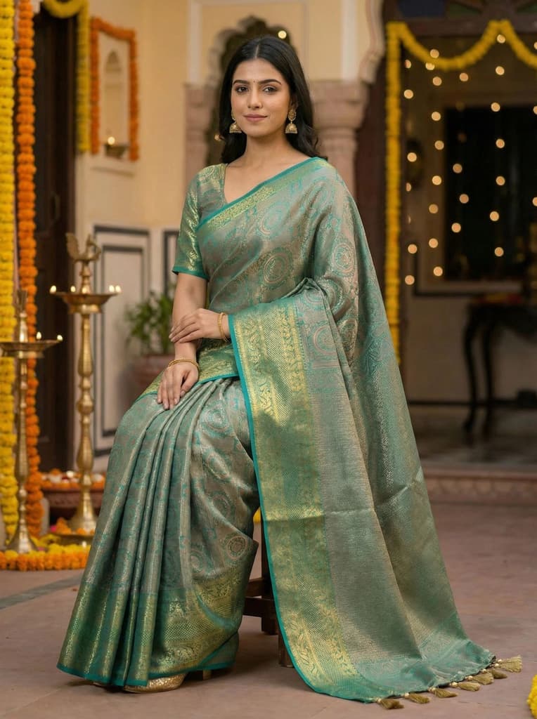 MIMOSA Women's Woven Design Banarasi Style Art Silk Saree with Blouse Piece - Rama ( SA00003126RMFREE ) — photo 4