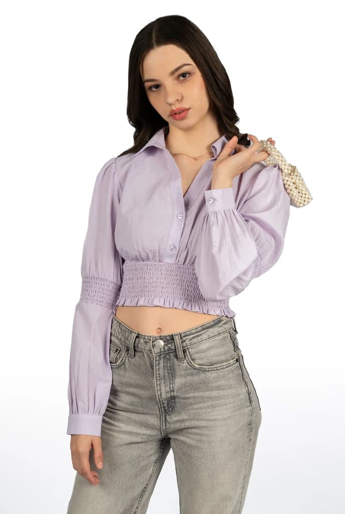 Lavender Solid Collared Crop Top — photo 5