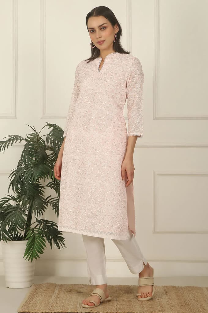 Pastel Pink Khadi Printed Kota Straight Kurta — photo 5