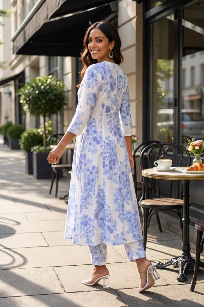 White Floral Printed Cotton Flax Flared Kurta — photo 5