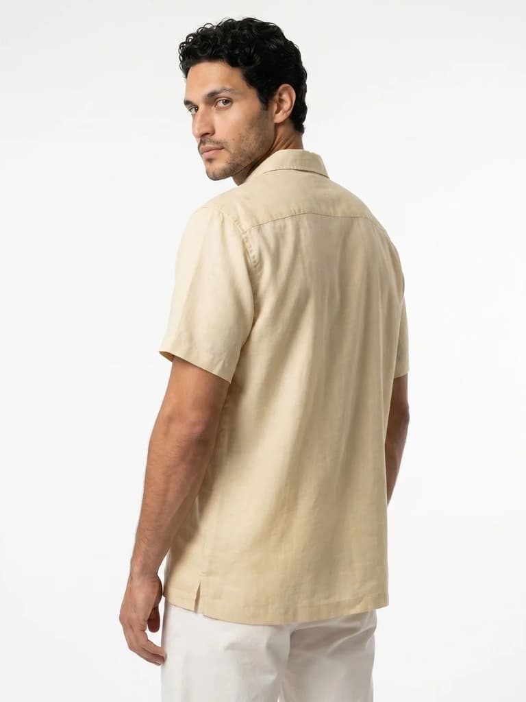 Men's Tender Yellow Linen Half Sleeve Oversized Fit Shirt with Cuban Collar — photo 3