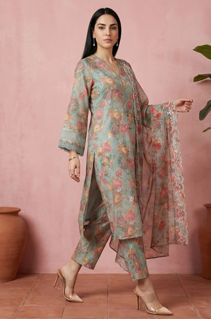 Sea Green Floral Printed Straight Kurta with Flared Pants and Dupatta Set — photo 2