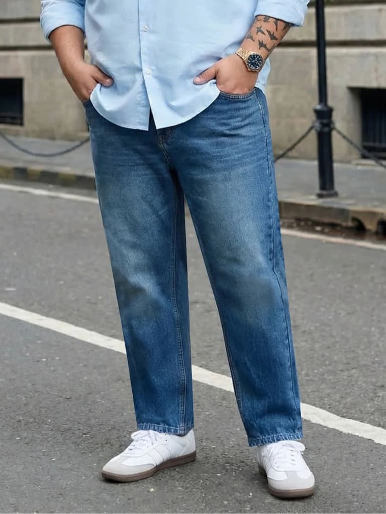 Plus Men's Light Blue Relaxed Fit Washed Denim Jeans Non-Stretchable — 36 / Light Blue