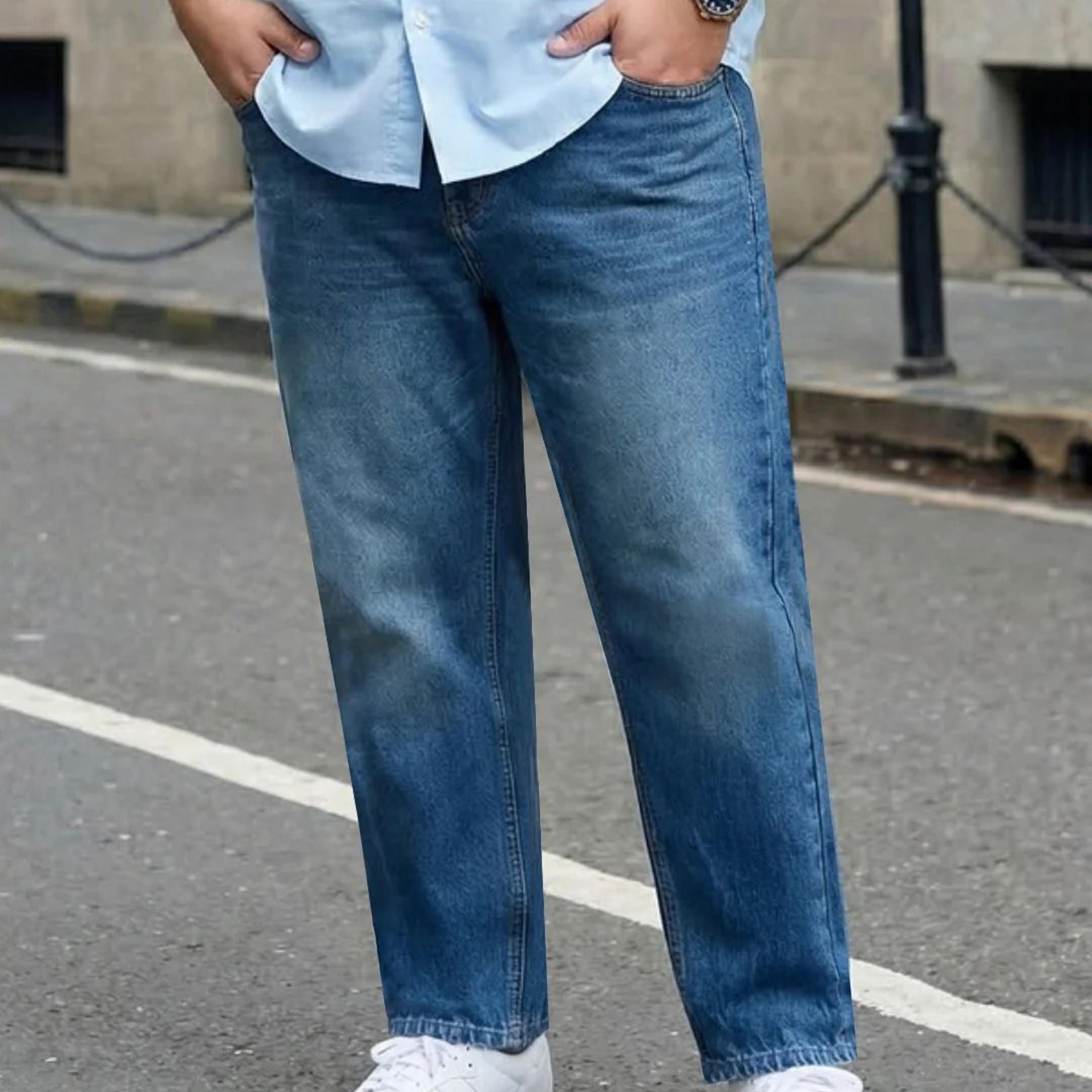 Plus Men's Light Blue Relaxed Fit Washed Denim Jeans Non-Stretchable