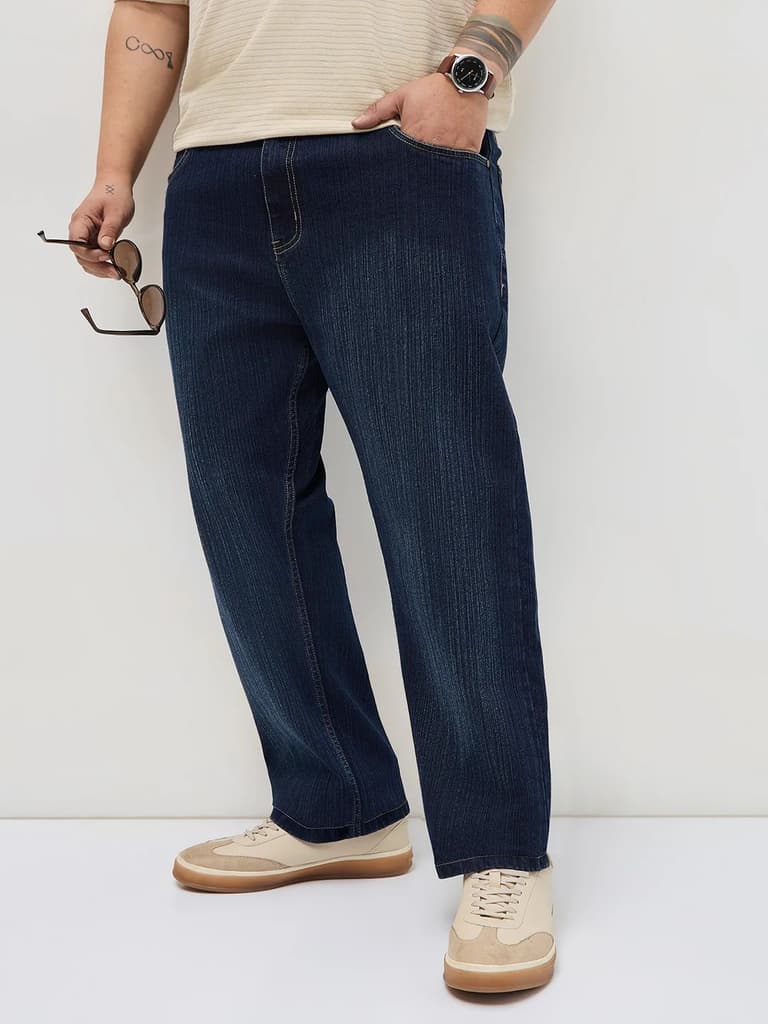 Plus Men's Dark Blue Straight Fit Washed Denim Jeans Stretchable — 36 / Dark Blue
