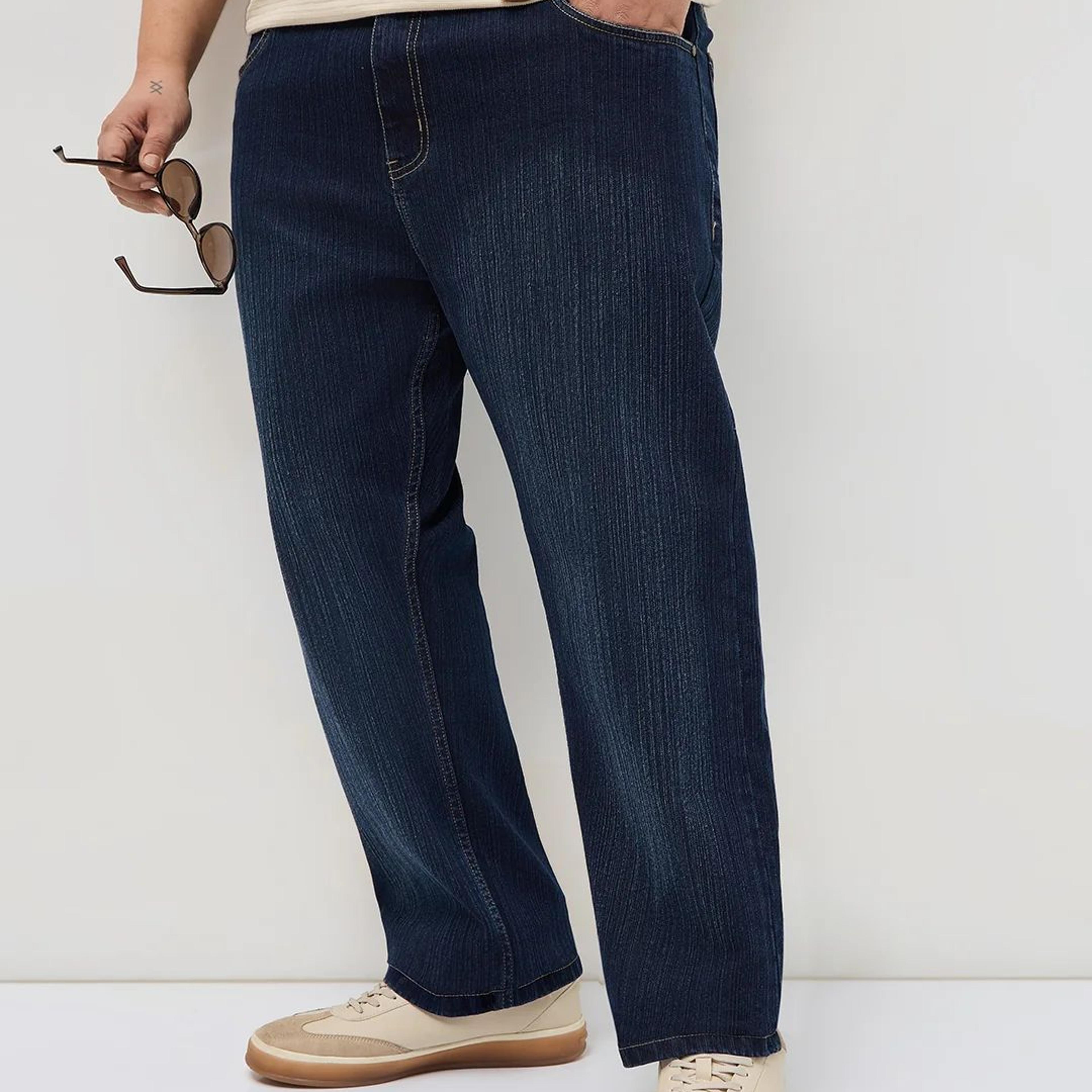Plus Men's Dark Blue Straight Fit Washed Denim Jeans Stretchable