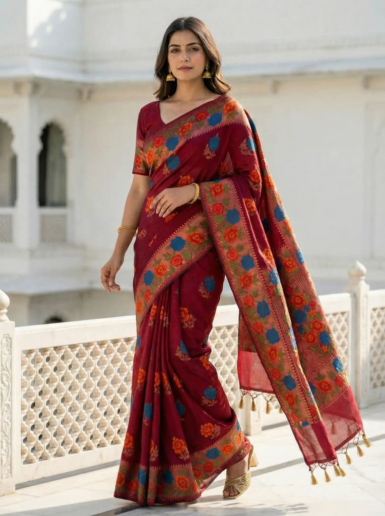 MIMOSA Women's Woven Design Paithani Style Raw Silk Saree with Blouse Piece - Maroon ( SA00003129MRFREE ) — Default Title