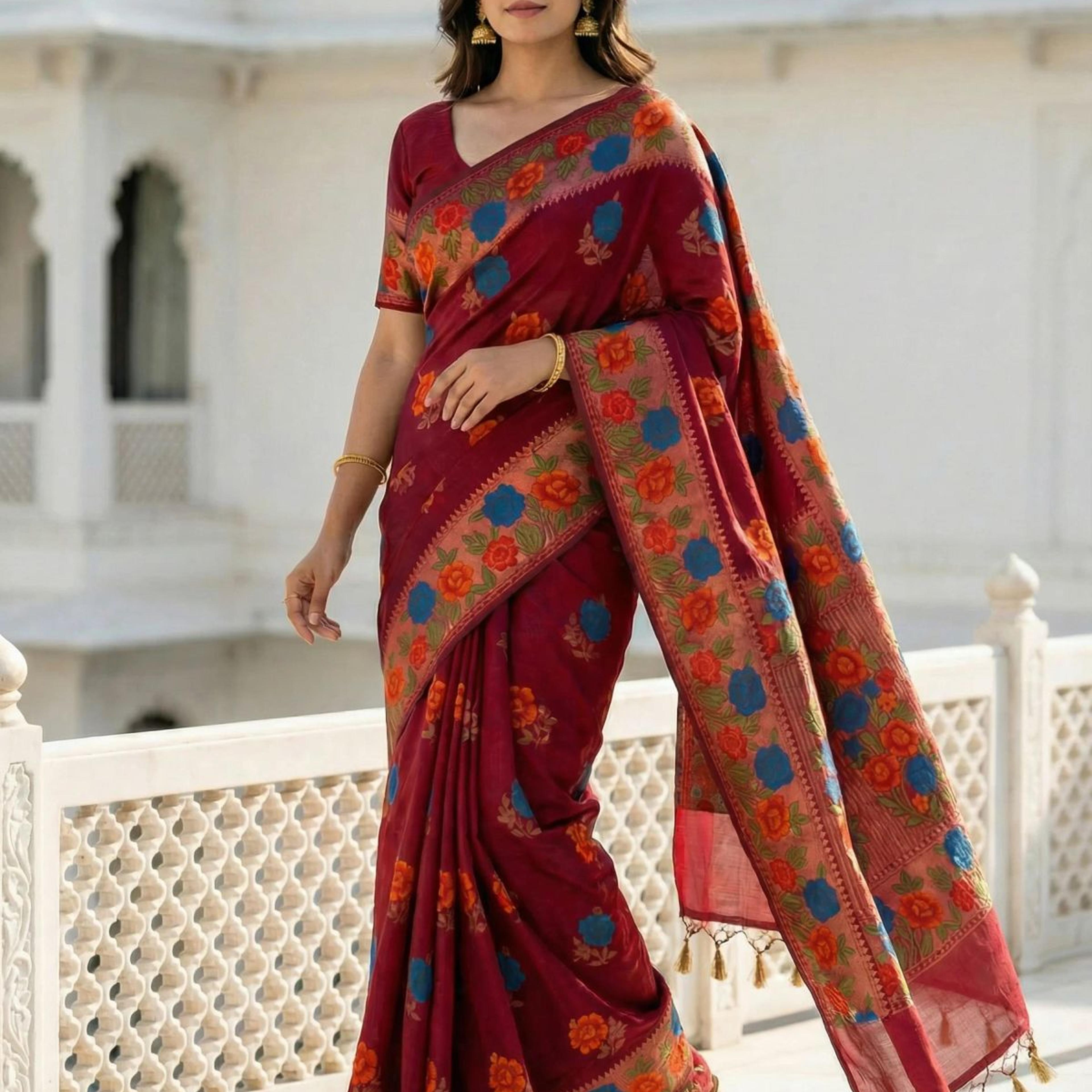MIMOSA Women's Woven Design Paithani Style Raw Silk Saree with Blouse Piece - Maroon ( SA00003129MRFREE )