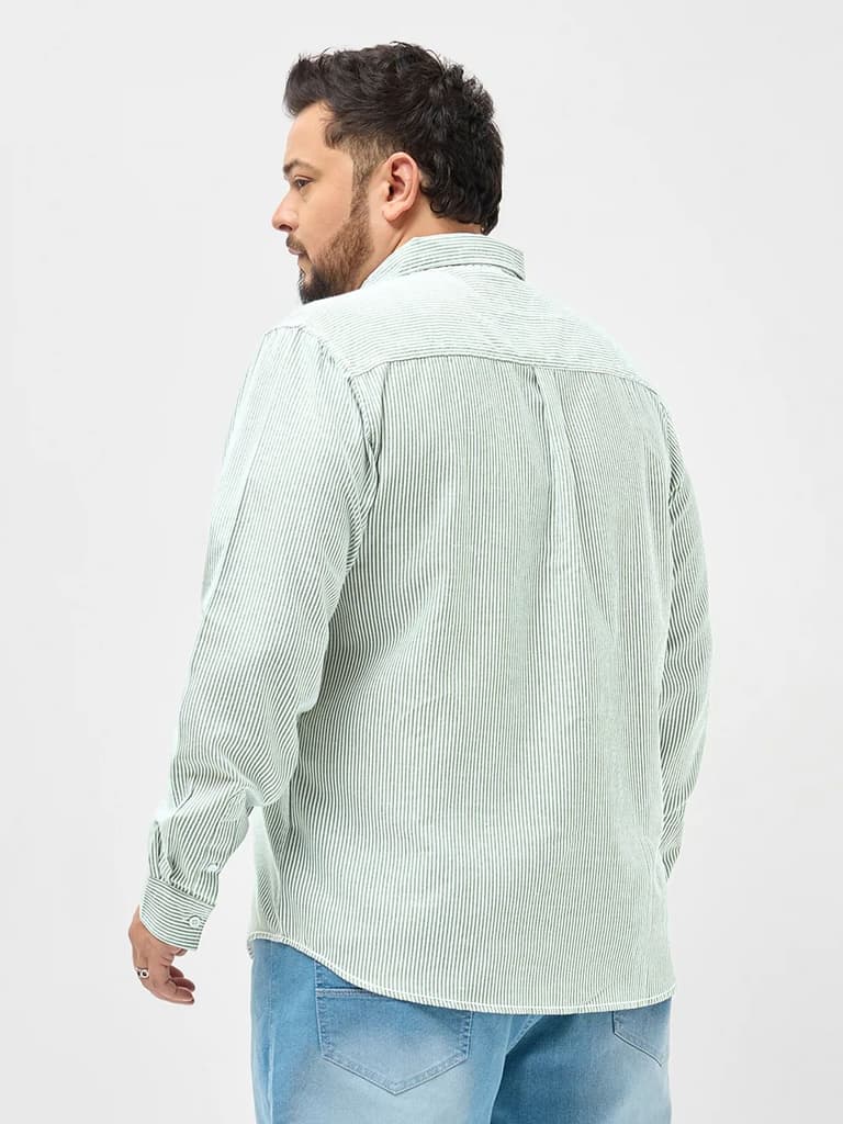 Plus Men's Light Green Cotton Full Sleeve Regular Fit Casual Striped Shirt — photo 4