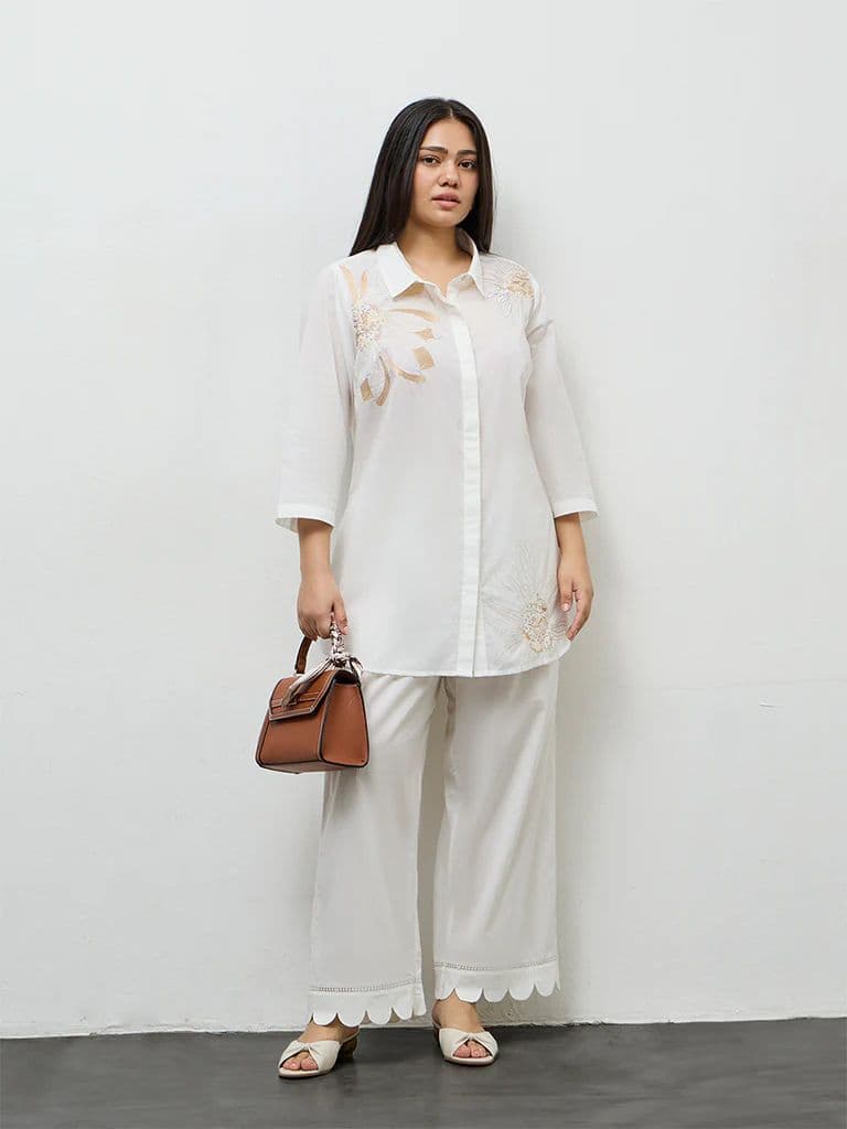 Diza Off-White Scallop-Detailed Cotton Pants — photo 2