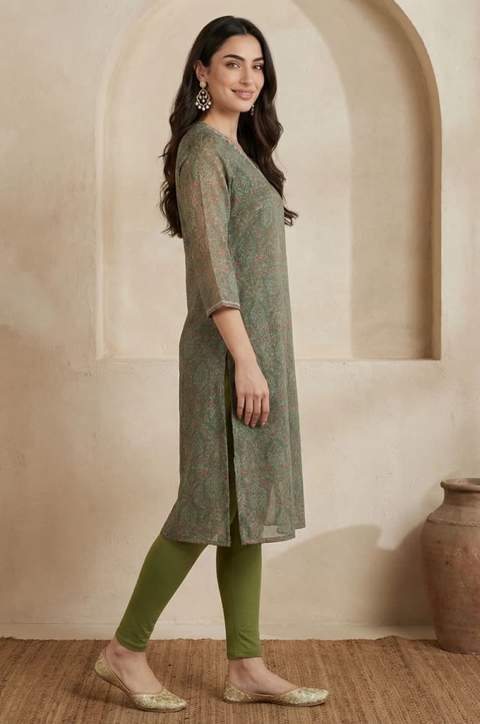 Green Botanical Printed Chiffon Straight Kurta with Sequin — photo 6